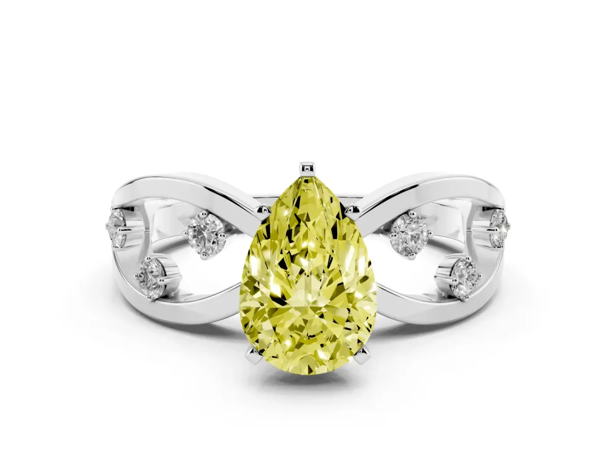 Fancy Yellow Pear Cut Cut Solitaire Diamond with Side Stones on Criss-Cross Band and Four-Prong Setting Silver