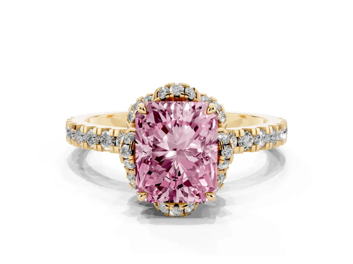 Fancy Pink Radiant Cut Halo Diamond Pave Band Ring with Four-Prong Setting Yellow gold