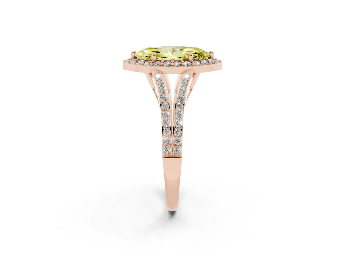 Fancy Yellow Marquise Cut Halo Split Shank Diamond Ring with Prong Setting Rose gold