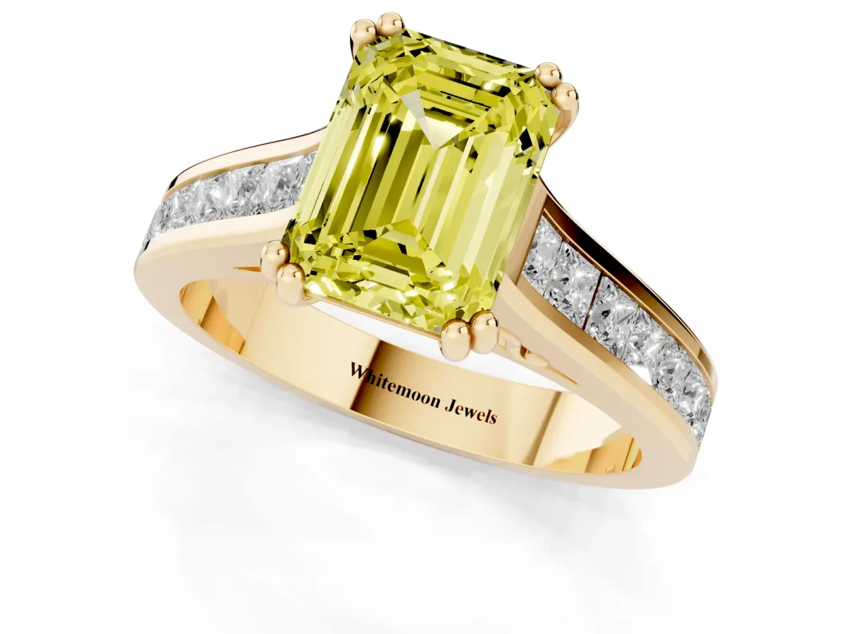 Fancy Yellow Emerald Cut Cut Channel Set Solitaire Engagement Ring with Prong Setting Yellow gold