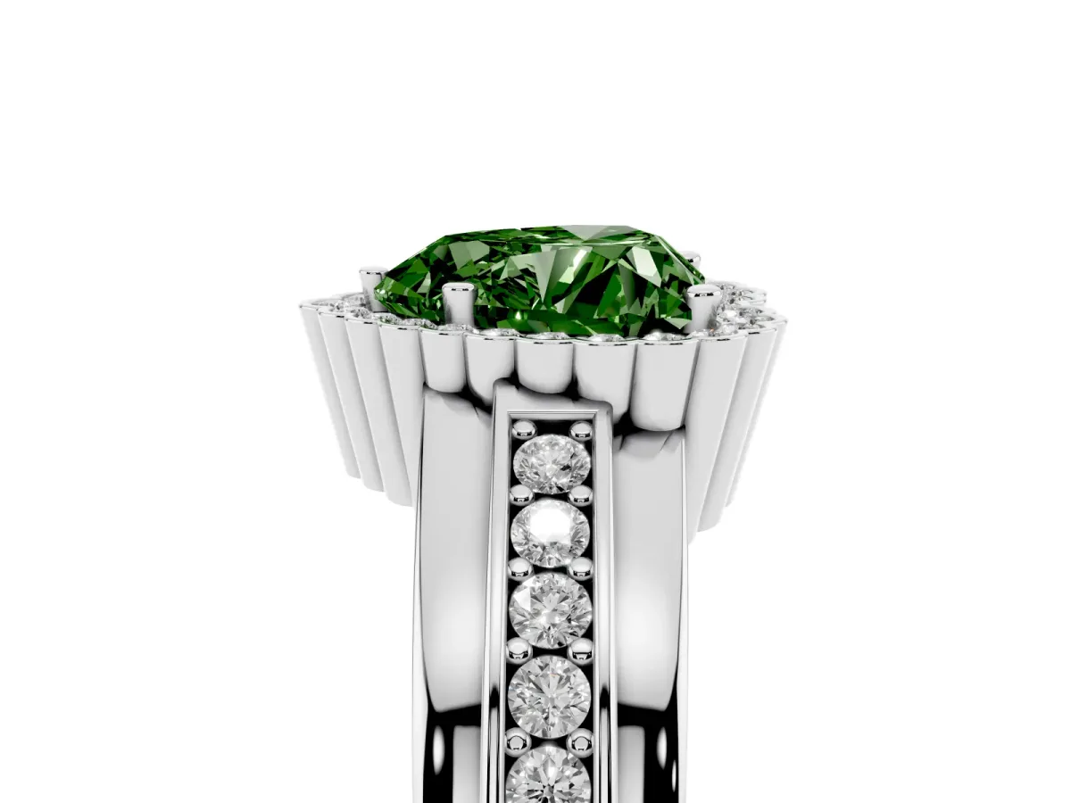 Fancy Green Heart Cut Cut Halo Pave Band Four-Prong Ring Silver