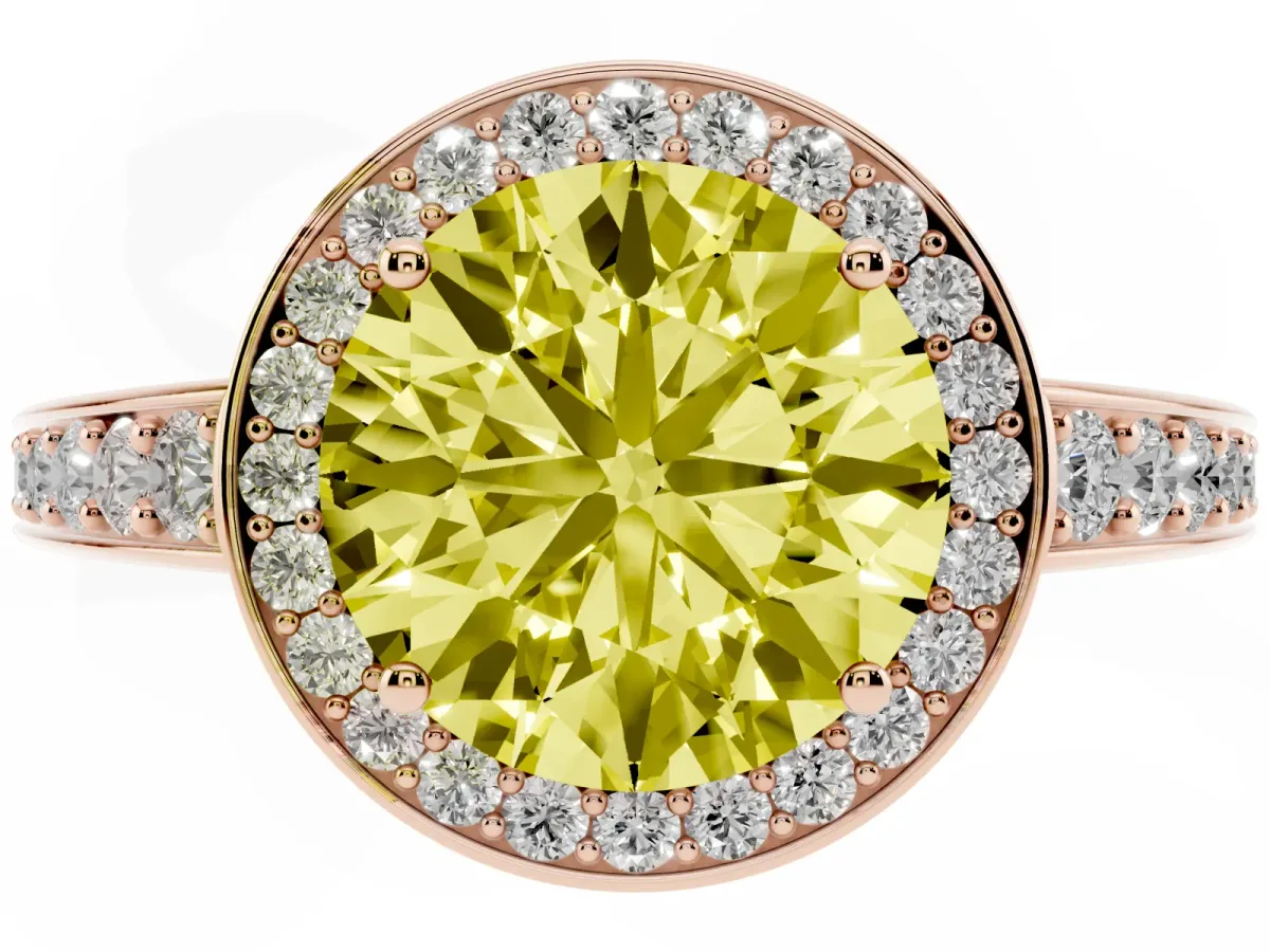 Fancy Yellow Round Cut Halo Pavé Diamond Engagement Ring with Bezel Setting Rose gold