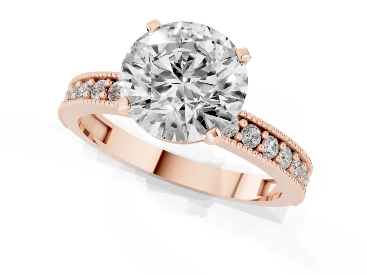 Round Cut Diamond Milgrain Pavé Engagement Ring with Four-Prong Setting Rose gold