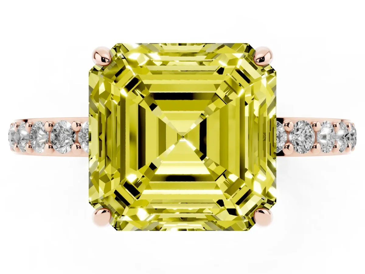 Fancy Yellow Asscher Cut Diamond Pavé Engagement Ring with Round Accents and Prong Setting Rose gold