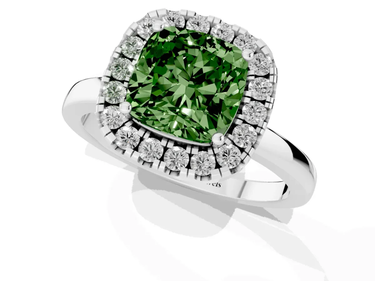 Fancy Green Cushion Cut Halo Diamond Solitaire with Pavé Band and Four-Prong Setting Silver