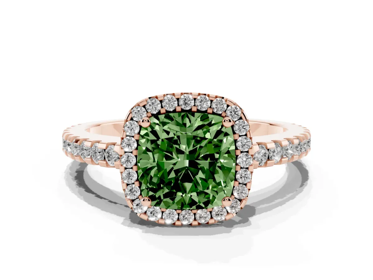 Fancy Green Cushion Cut Diamond Halo Engagement Ring with Pavé Band and Prong Setting Rose gold