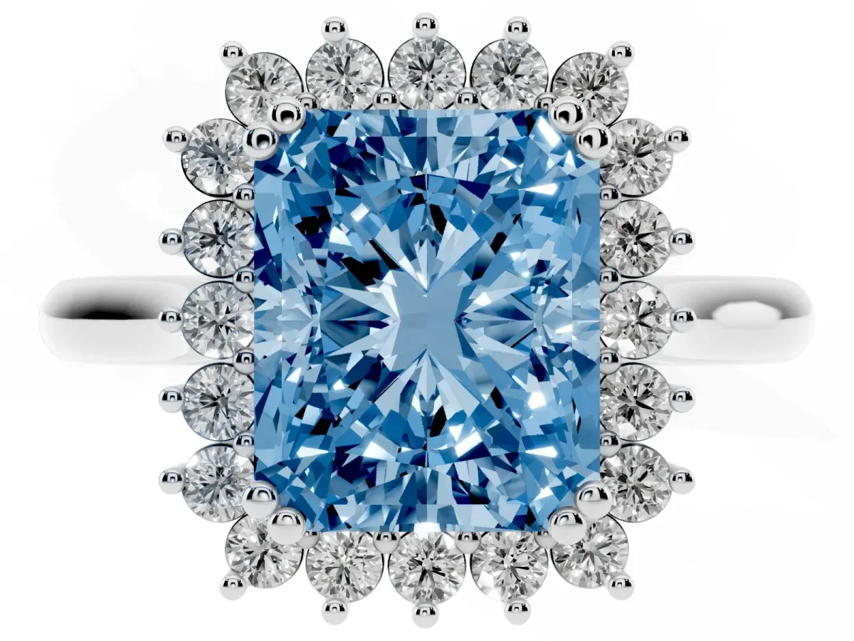 Fancy Blue Radiant Cut Cut Diamond Halo Ring with Solitaire Band and Prong Setting White gold