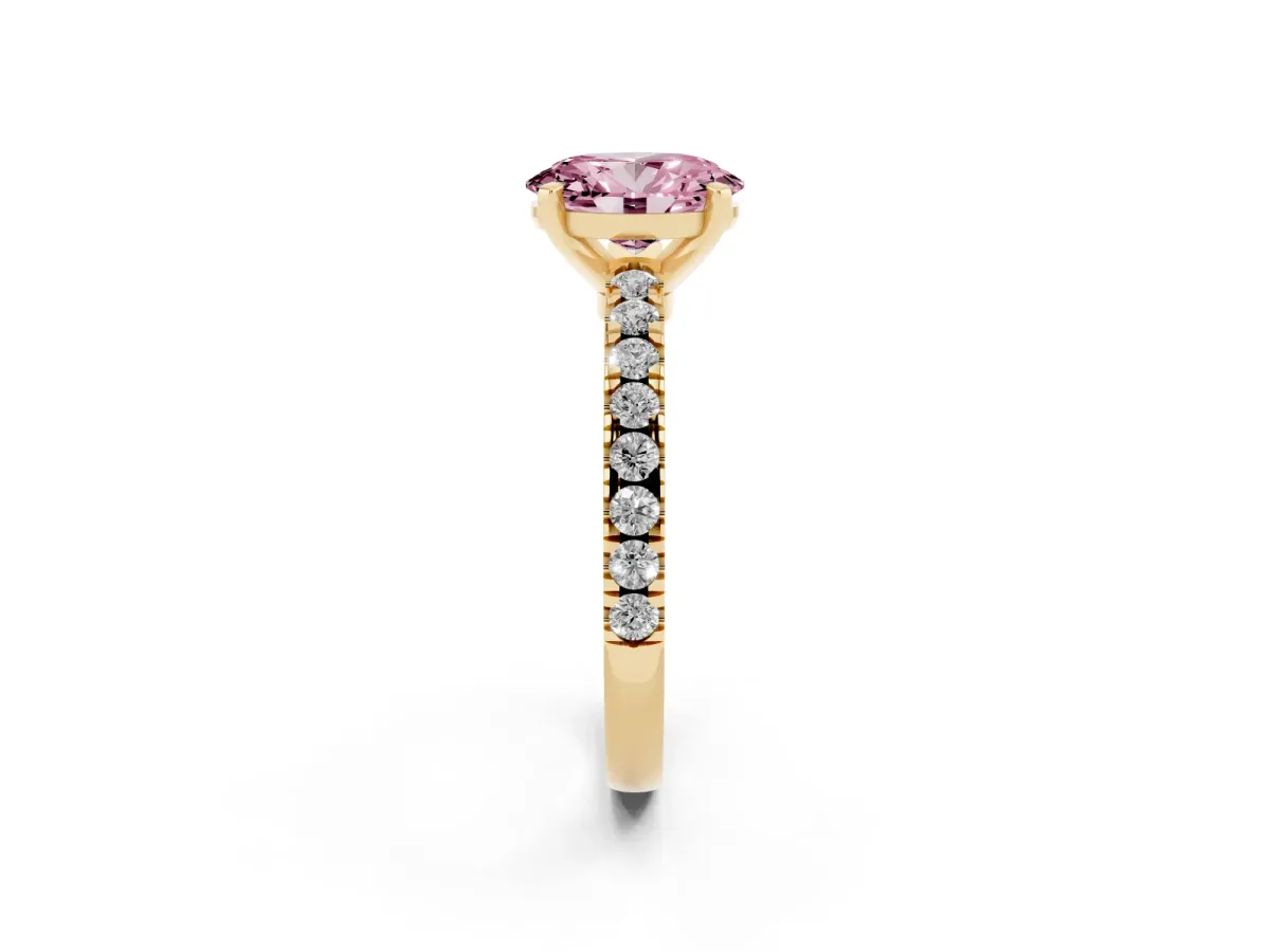 Fancy Pink Oval Cut Solitaire Diamond with Pavé Band and Four-Prong Setting Yellow gold