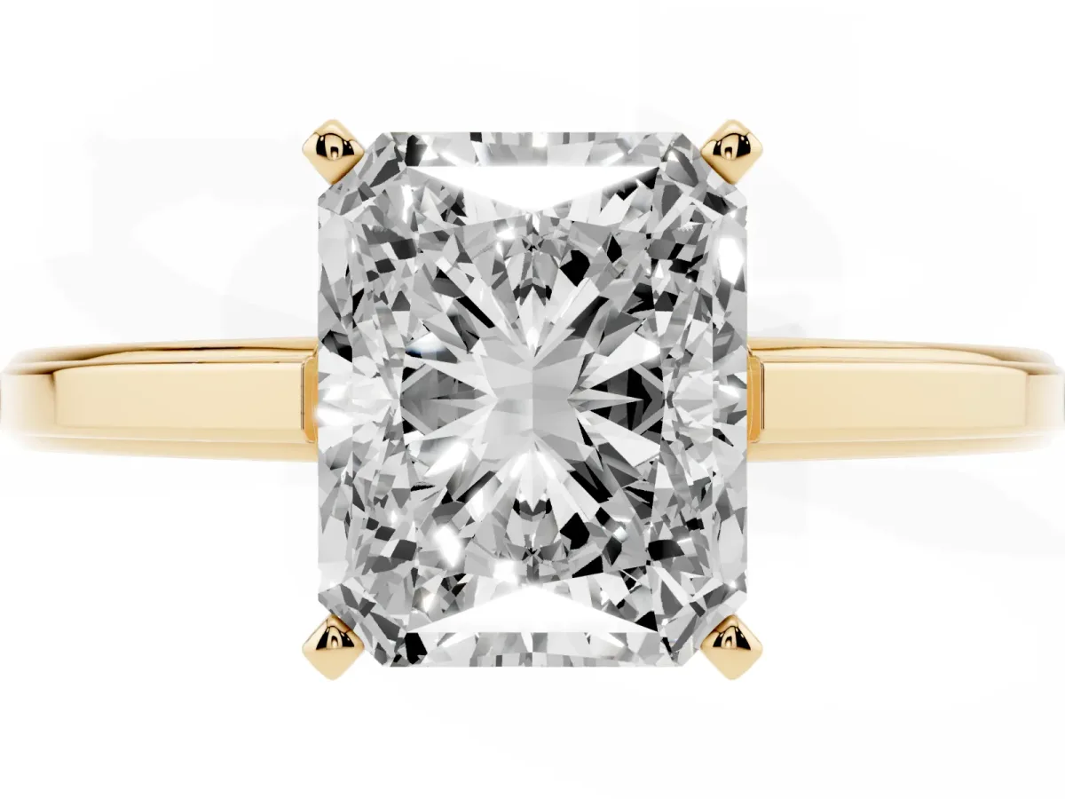Radiant Cut Solitaire Diamond Ring with Four-Prong Setting and Classic Band Yellow gold