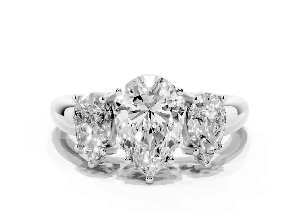 Three-Stone Pear Cut Diamond Engagement Ring with Prong Setting Silver