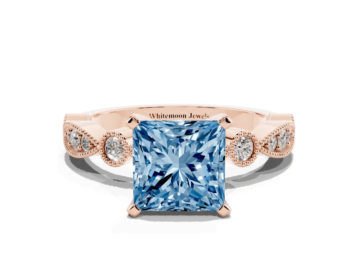 Fancy Blue Princess Cut Milgrain Bezel Diamond Engagement Ring with Solitaire Prong Setting Rose gold