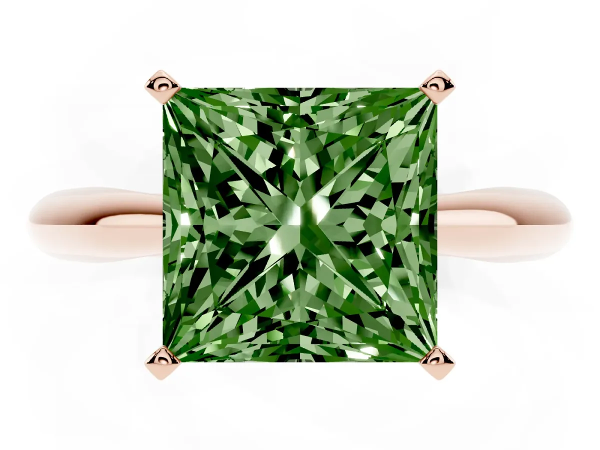 Fancy Green Princess Cut Diamond Solitaire Engagement Ring with Cathedral Setting and Four-Prong Mount Rose gold