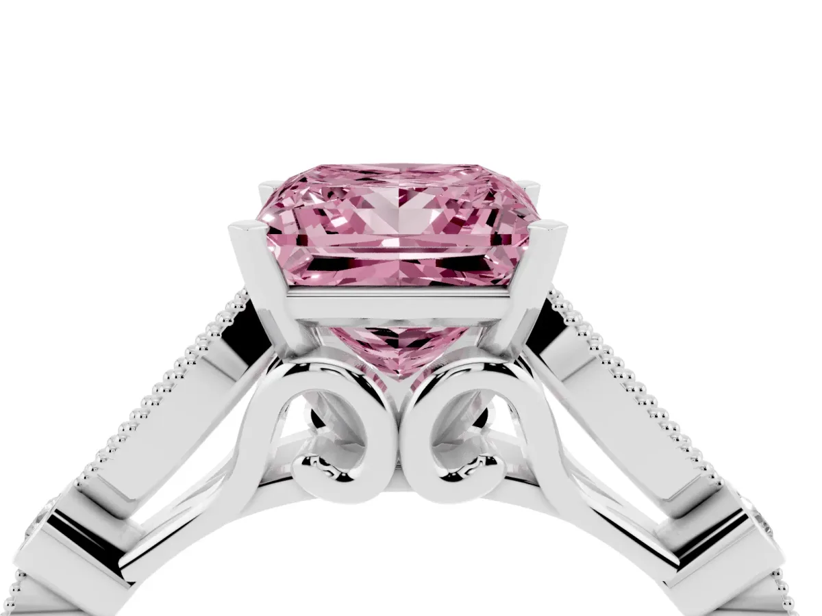 Fancy Pink Princess Cut Cut Diamond with Milgrain Marquise and Bezel Accents on a Solitaire Band with Prong Setting White gold