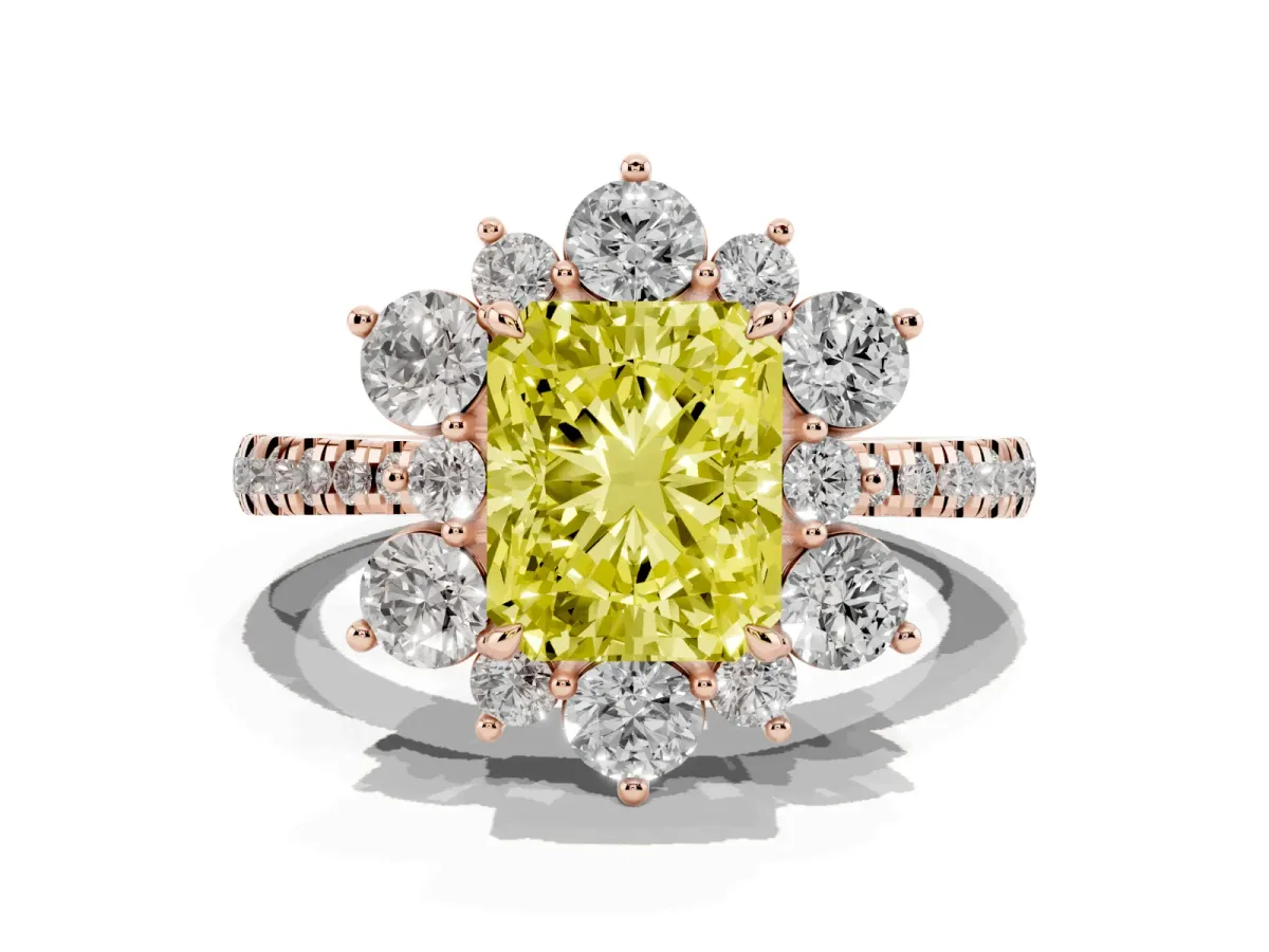 Fancy Yellow Radiant Cut Diamond Floral Halo Ring with Round Pavé Band and Prong Setting Rose gold