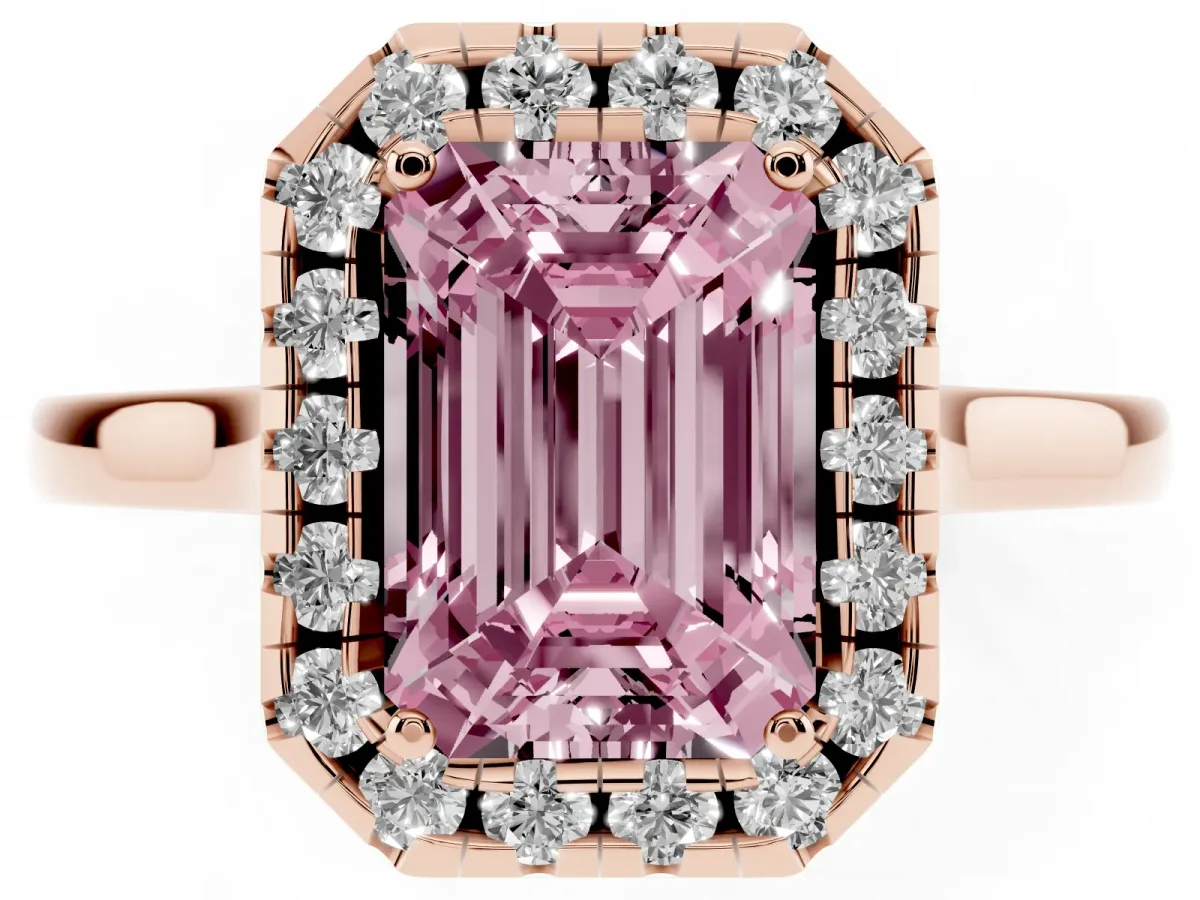 Fancy Pink Emerald Cut Halo Round Diamond Solitaire Ring with Pavé Band and Four-Prong Setting Rose gold