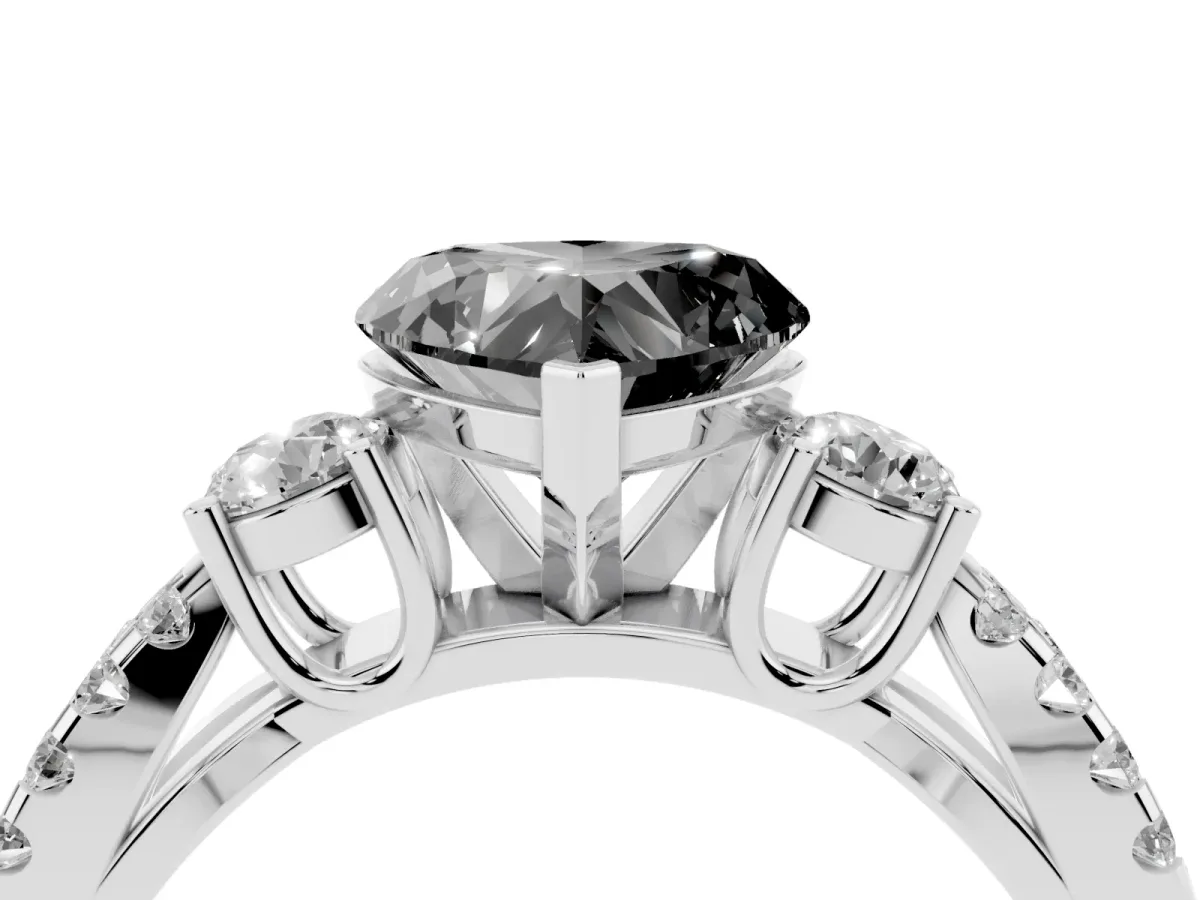 Fancy Black Heart Cut Diamond Three-Stone Ring with Pavé Split Shank and Four-Prong Setting Silver
