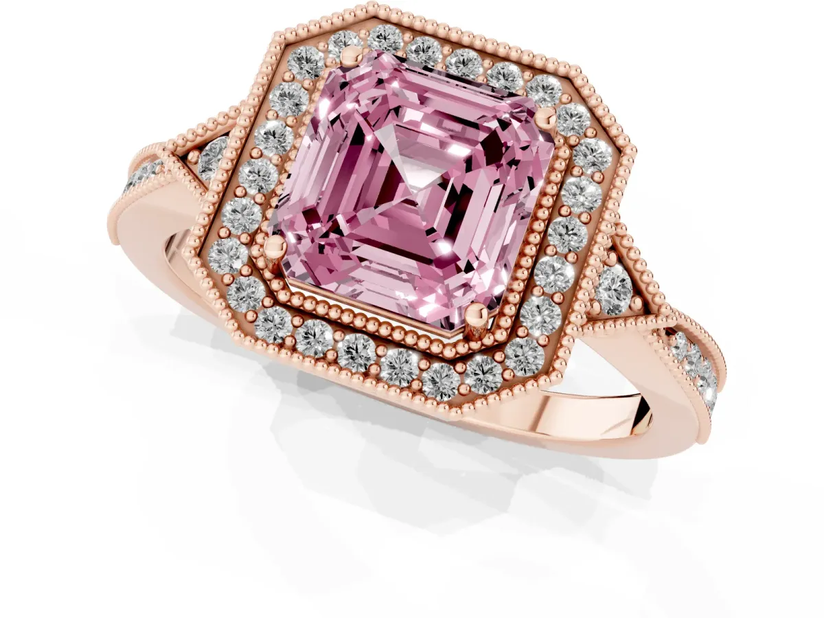 Fancy Pink Asscher Cut Halo Round Diamond Milgrain Pave Engagement Ring Rose gold