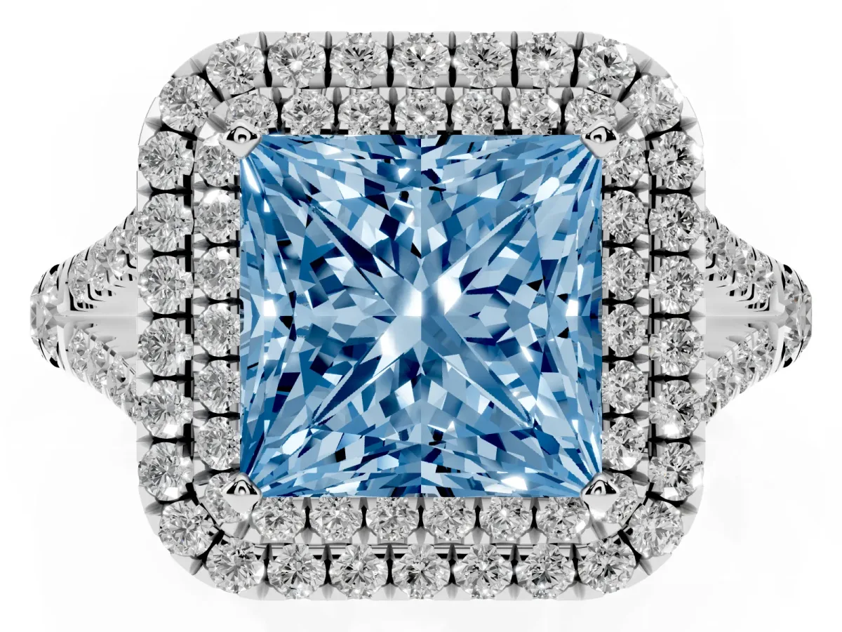 Fancy Blue Princess Cut Diamond Double Halo Ring with Split Shank and Prong Setting Platinum