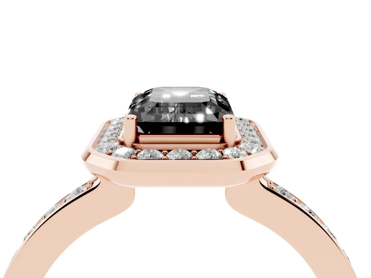 Fancy Black Emerald Cut Diamond Halo Ring with Bezel Frame and Pavé Band Rose gold
