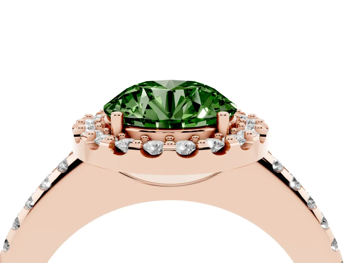 Fancy Green Round Cut Diamond Pavé Halo Ring with Four-Prong Setting Rose gold