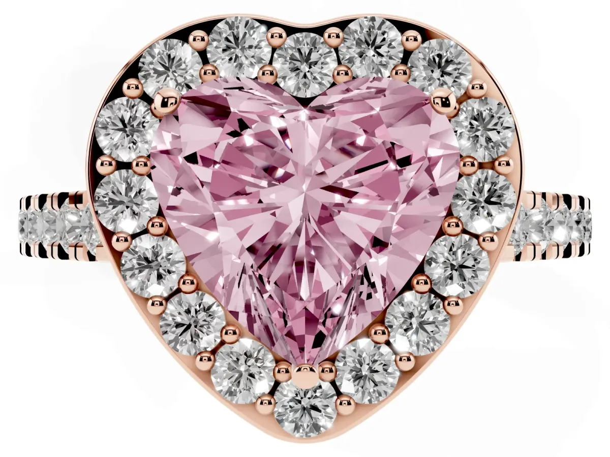 Fancy Pink Heart Cut Diamond Halo Ring with Round Pavé Split Shank and Prong Setting Rose gold