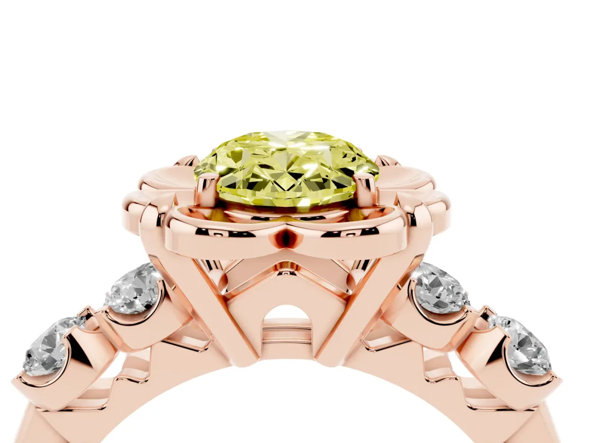 Fancy Yellow Oval Cut Cut Diamond Floral Halo Engagement Ring with Shared Prong Setting Rose gold