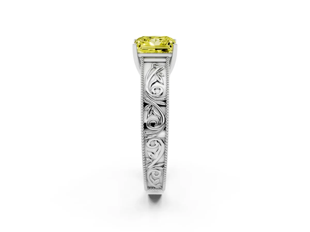 Fancy Yellow Princess Cut Diamond Solitaire Ring with Engraved Band and Four-Prong Setting Silver