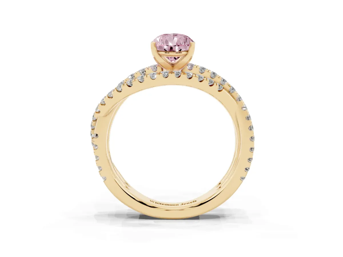 Fancy Pink Pear Cut Solitaire Twist Band with Pavé Setting and Four-Prong Setting Yellow gold