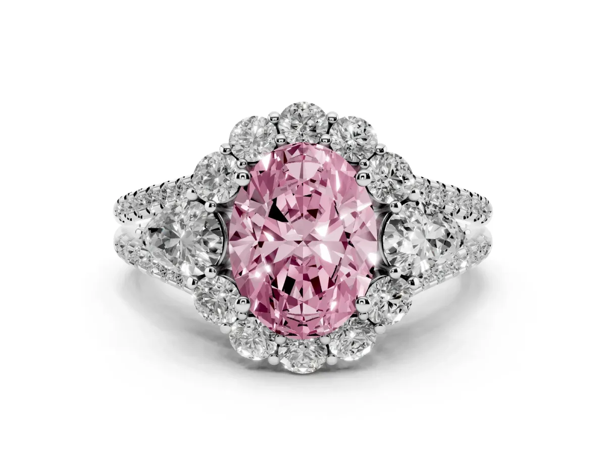 Fancy Pink Oval Cut Halo Split Shank Diamond Engagement Ring with Prong Setting Platinum