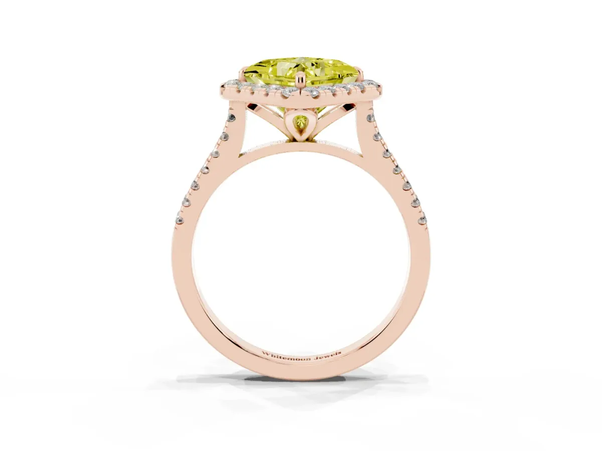 Fancy Yellow Princess Cut Diamond Cushion Halo Ring with Pavé Band Rose gold