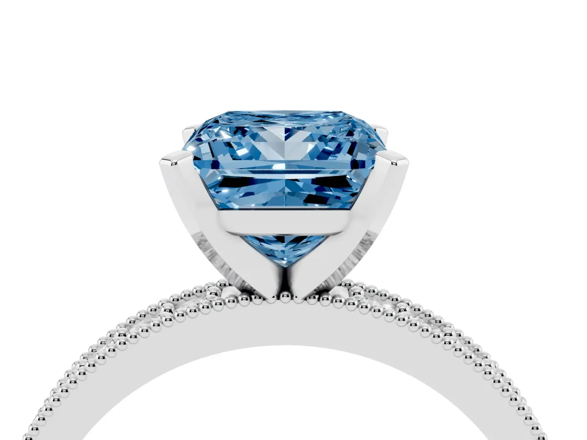 Fancy Blue Princess Cut Diamond Milgrain Pavé Engagement Ring with Four-Prong Setting Silver