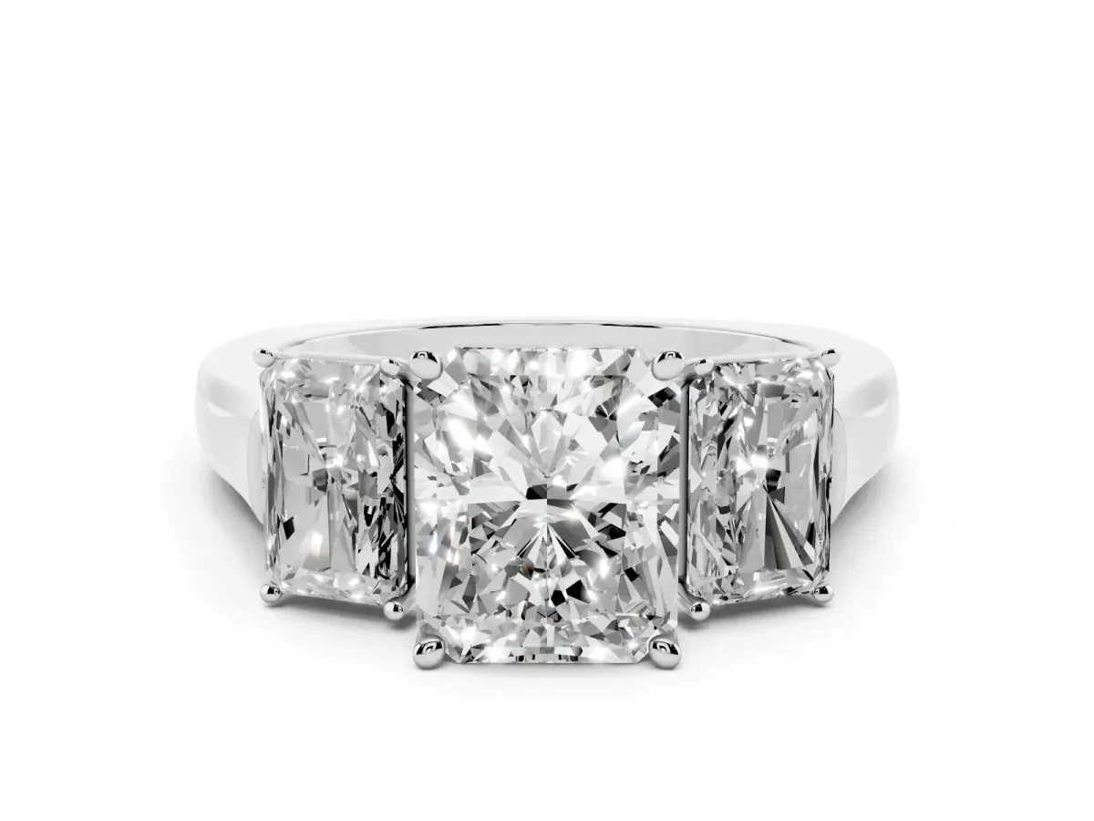 Three-Stone Radiant Cut Brilliant Diamond Trellis Ring with Comfort Fit Band Platinum