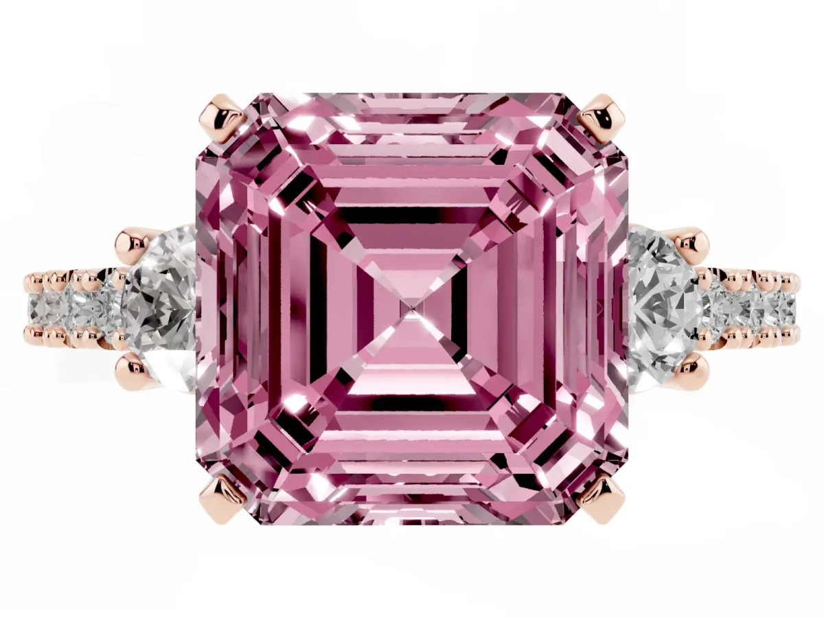 Fancy Pink Asscher Cut Three-Stone Diamond Pavé Band with Prong Setting Rose gold