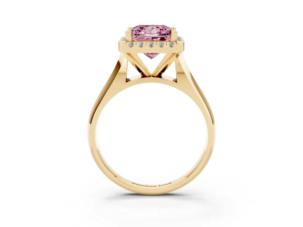 Fancy Pink Princess Cut Cut Halo Solitaire Engagement Ring with Square Band and Four-Prong Setting Yellow gold