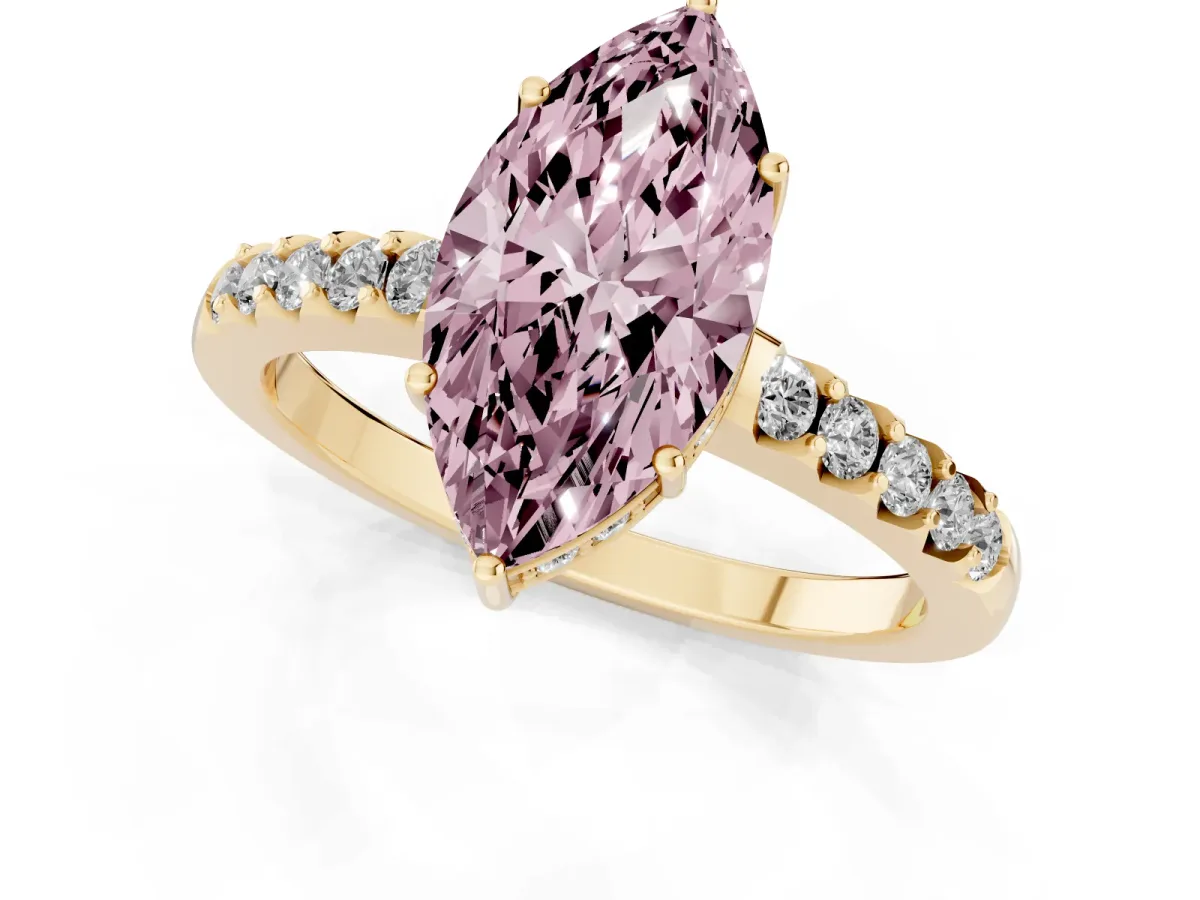 Fancy Pink Marquise Cut Solitaire Diamond Engagement Ring with Pavé Band and Six-Prong Setting Yellow gold