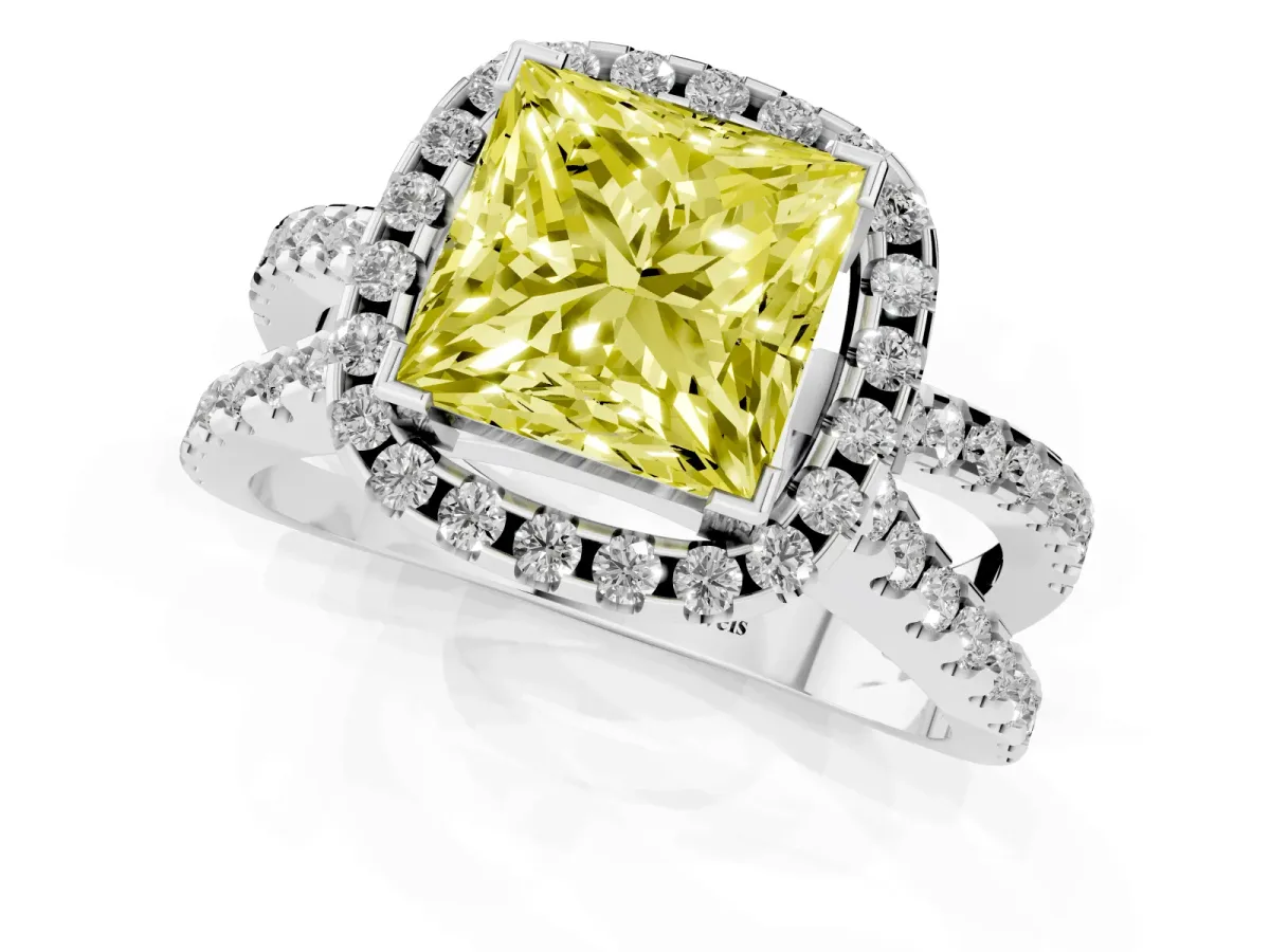 Fancy Yellow Princess Cut Diamond Halo Ring with Split Shank Pavé Band and Prong Setting White gold