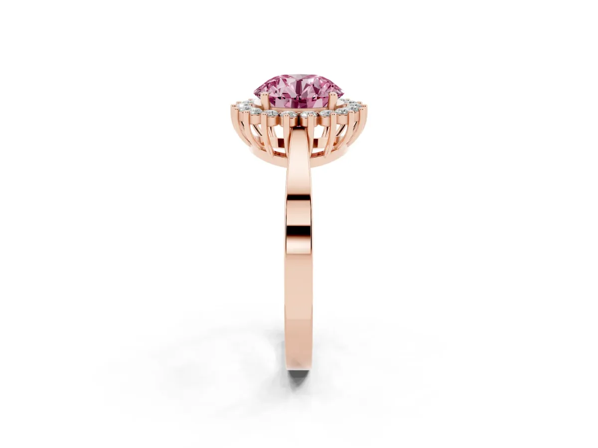 Fancy Pink Round Cut Cut Diamond Halo Ring with Round Brilliant Halo and Solitaire Band Rose gold