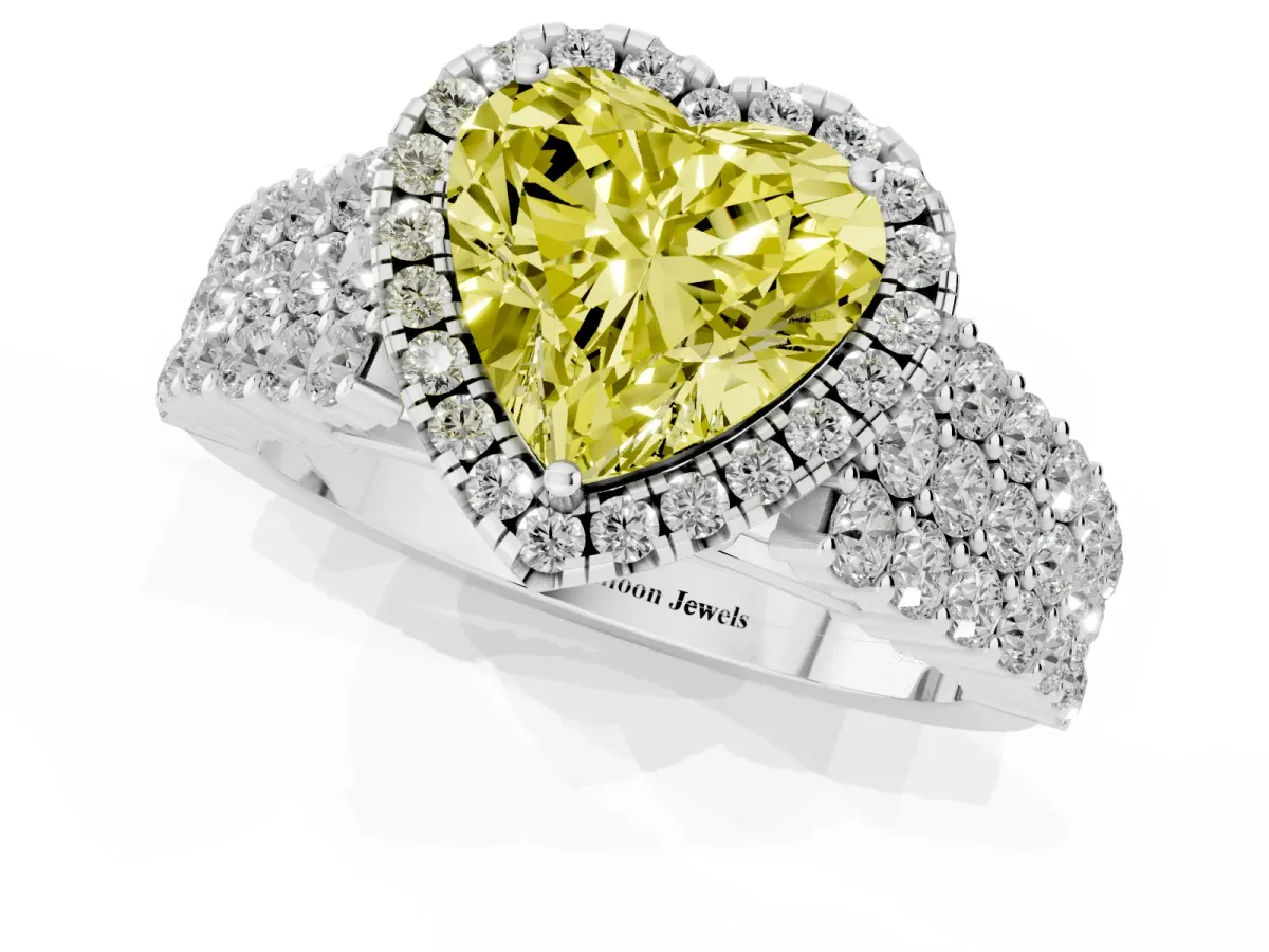 Fancy Yellow Heart Cut Diamond Halo Engagement Ring with Triple Row Round Pavé Band and Prong Setting Platinum