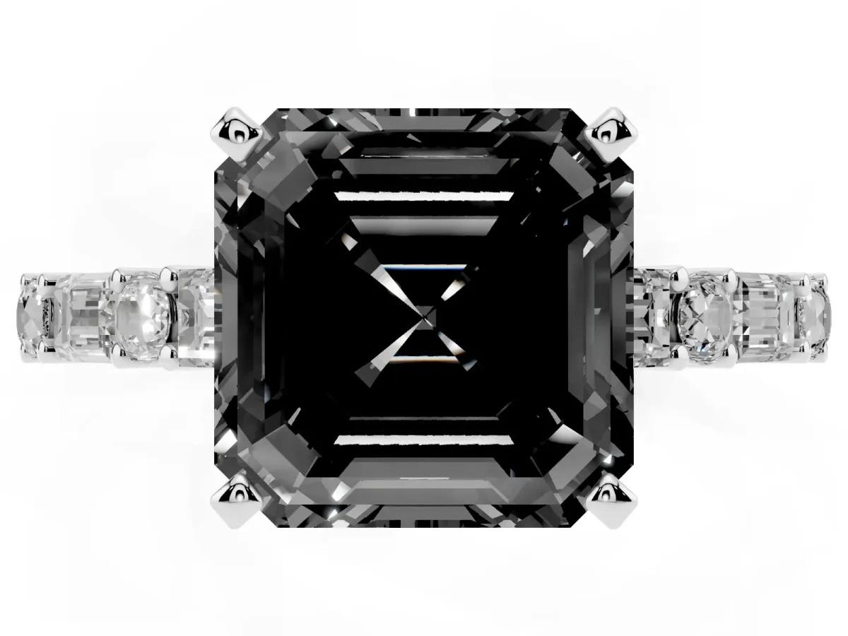 Fancy Black Asscher Cut Diamond Solitaire with Side Baguettes and Channel Set Band Silver