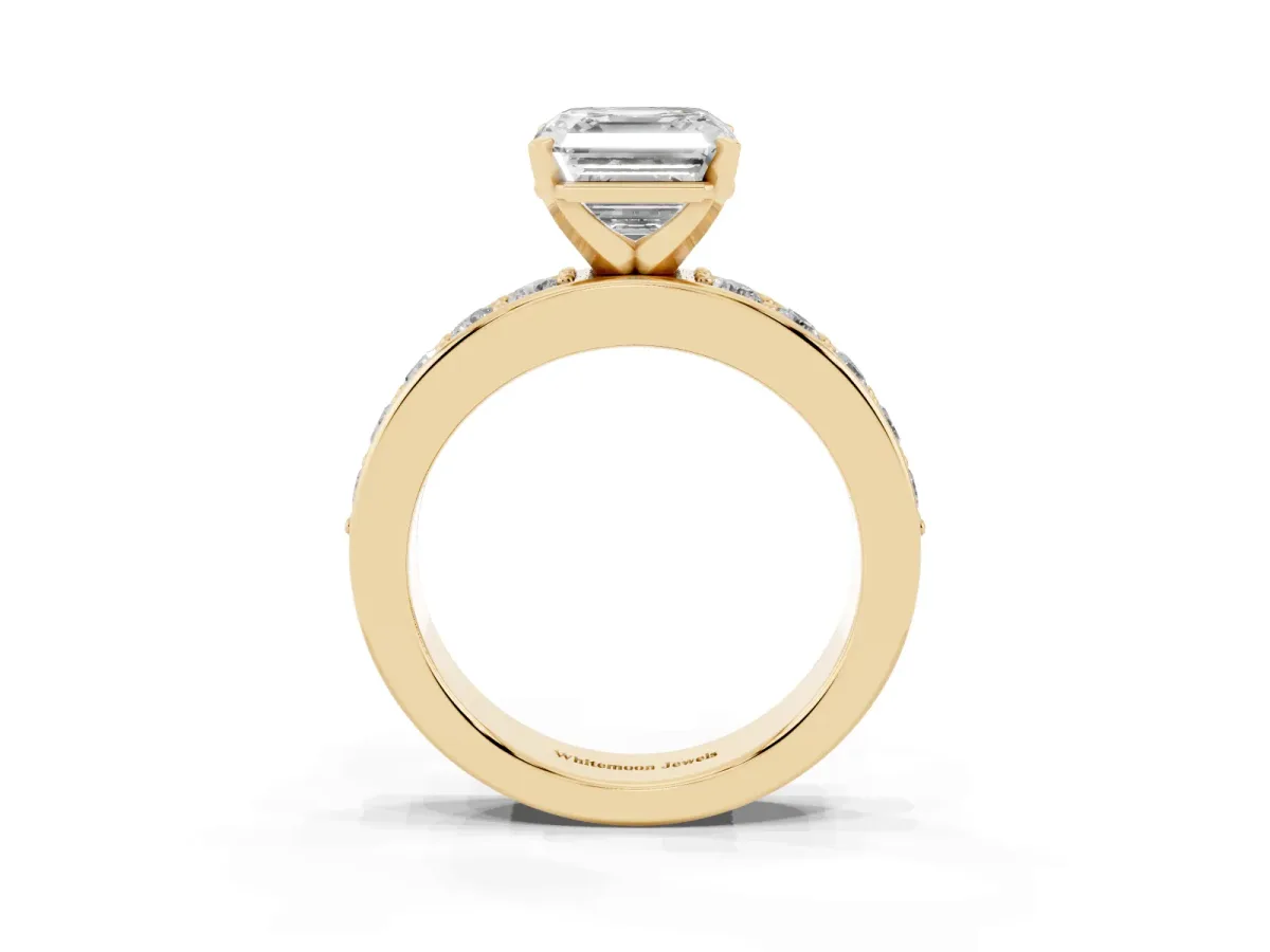 Asscher Cut Diamond Engagement Ring with Channel Set Round Band and Prong Setting Yellow gold