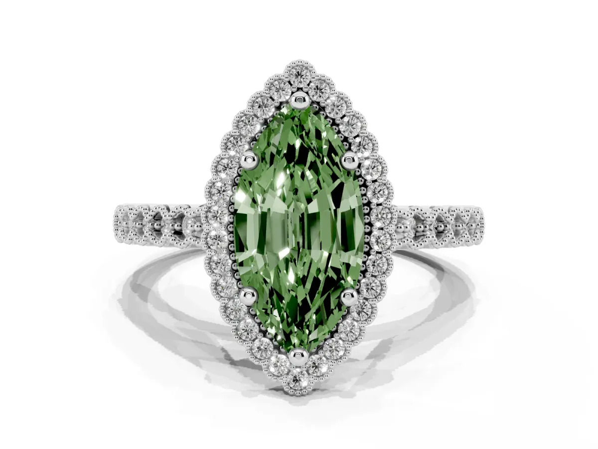 Fancy Green Marquise Cut Cut Halo Pavé Solitaire Ring with Milgrain Band Silver