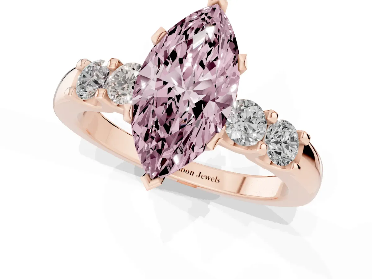 Fancy Pink Marquise Cut Brilliant Cut Diamond Five-Stone Prong Set Engagement Ring with Channel Band Rose gold