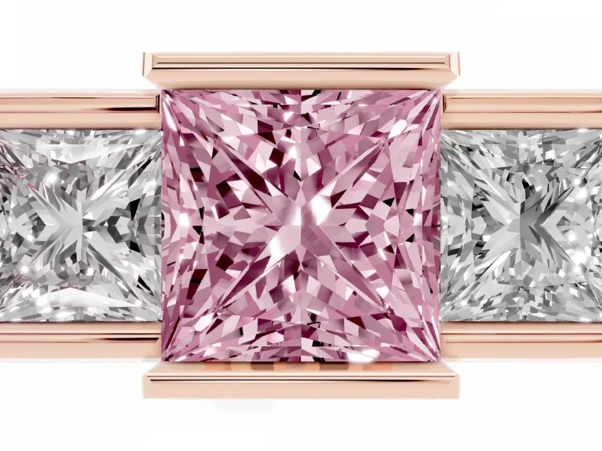 Fancy Pink Three Stone Princess Cut Cut Channel Set Diamond Ring Rose gold