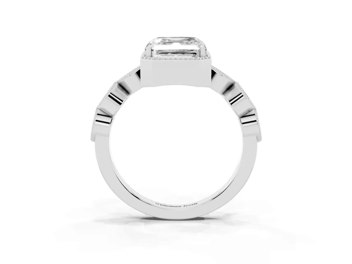 Asscher Cut Diamond Vintage Milgrain Ring with Round Stations Platinum