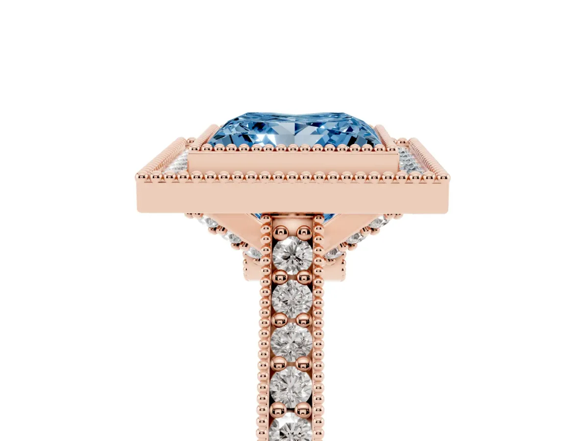 Fancy Blue Halo Princess Cut-Cut Diamond Pave Band Milgrain Prong Setting Ring Rose gold