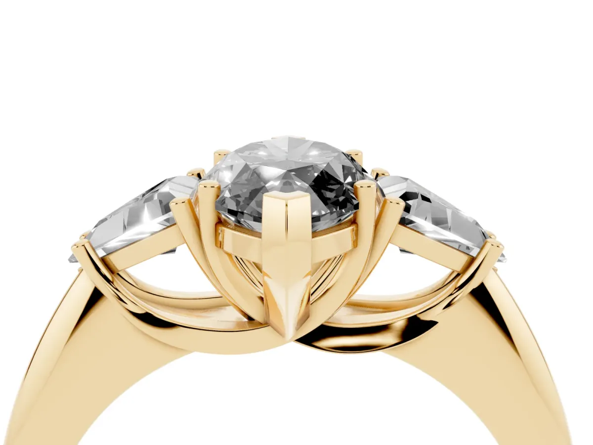 Fancy Black Three-Stone Marquise Cut Diamond Engagement Ring with Trillion Side Stones and Prong Setting Yellow gold
