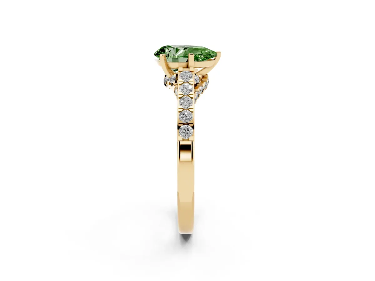 Fancy Green Pear Cut Diamond Solitaire Ring with Crossover Gallery and Round Pavé Band Yellow gold