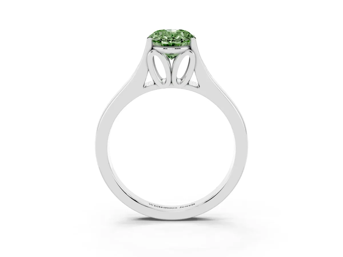 Fancy Green Oval Cut Solitaire Diamond Ring with Cathedral Band and Four-Prong Setting Silver
