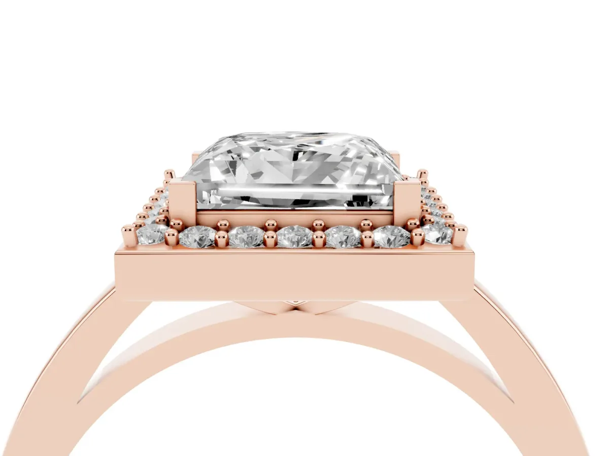 Princess Cut Halo Diamond Ring with Solitaire Band and Prong Setting Rose gold