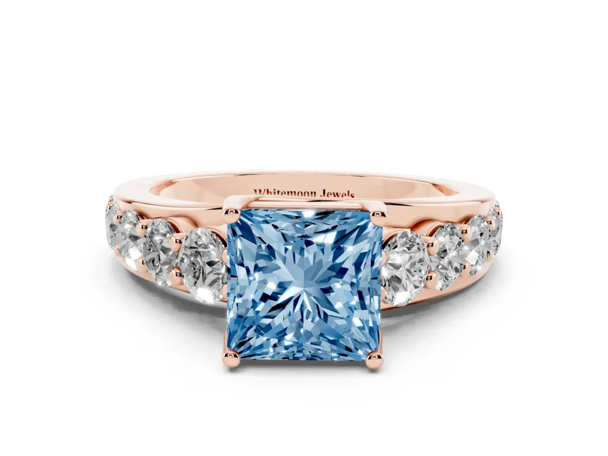 Fancy Blue Princess Cut Diamond Engagement Ring with Pavé Band and Four-Prong Setting Rose gold